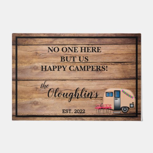 No One Here But Us Happy Campers Wood Family Name Doormat