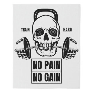 No Pain No Gain Barbell and Skull Faux Canvas Print