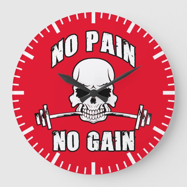 No Pain No Gain - Skull and Barbell - Motivational Large Clock (Front)