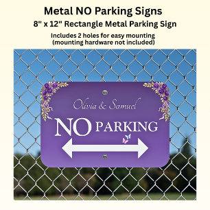 NO Parking - Wedding Purple Mauve Flowers & White Metal Sign