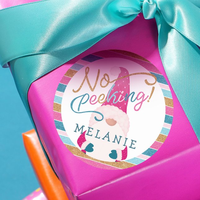 No Peeking Bright Glitter Stripe Gnome Santa Claus Classic Round Sticker (No Peeking Bright Glitter Stripe Gnome Santa Claus Classic Round Sticker)