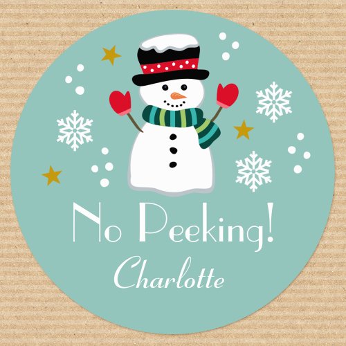 No Peeking Cute Christmas Snowman Dog Blue Green Classic Round Sticker