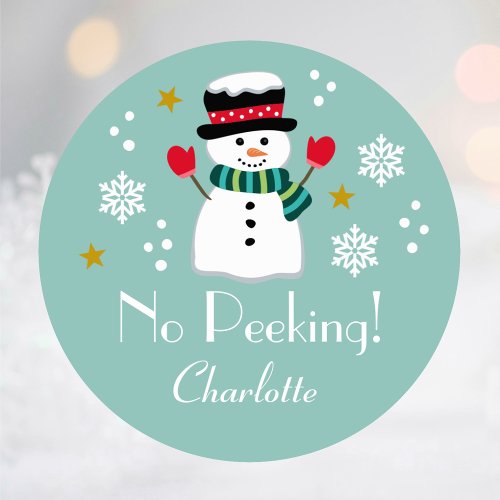 No Peeking Cute Christmas Snowman Teal Editable Classic Round Sticker