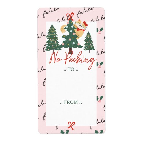 No Peeking Cute Peeking Cat Christmas Tree Pink Label