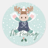 No Peeking Cute Woodland Moose Snow Angel Classic Round Sticker (Front)