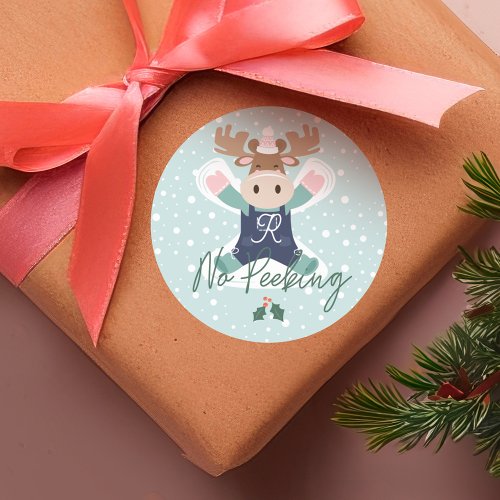 No Peeking Cute Woodland Moose Snow Angel Classic Round Sticker