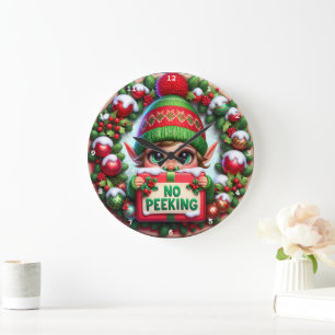 No Peeking Elf" - Playful Christmas Wall Large Clock