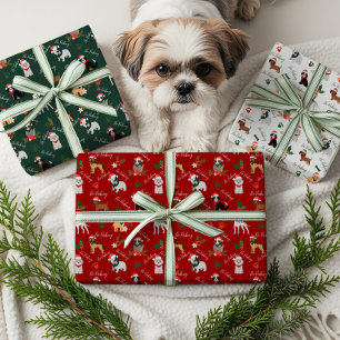 No Peeking Festive Holiday Santa Dog Breed Pattern Wrapping Paper Sheets
