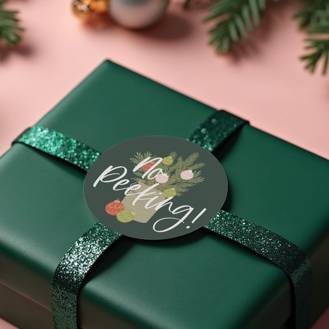 No Peeking Festive Rustic Foliage Ornament Green Classic Round Sticker (No Peeking Festive Rustic Foliage Ornament Green Classic Round Sticker)