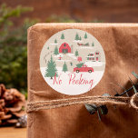 No Peeking Festive Vintage Christmas Tree Farm Classic Round Sticker<br><div class="desc">Celebrate the magical and festive holiday season with our custom holiday no-peeking stickers. Our vintage holiday design features a Christmas tree farm scenery, this Christmas pattern incorporates a farm Christmas scene featuring a farmhouse, red barn, signs, children playing and throwing snowballs, Christmas trees and horses, and a wagon. All artwork...</div>