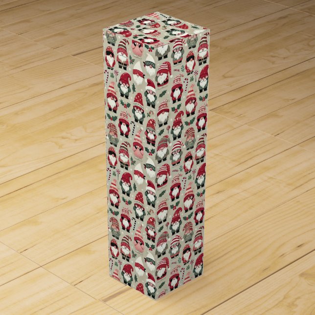 No Peeking Illustrated Gnome Christmas Holiday Wine Box (Front)