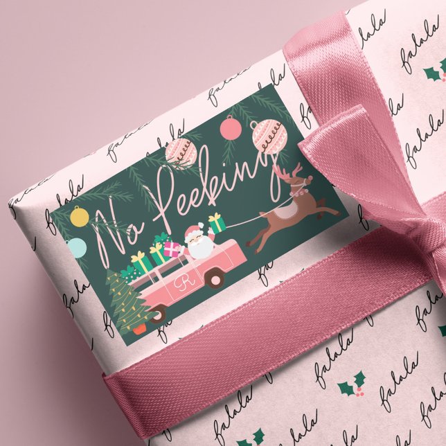 No Peeking Pink Christmas Van Santa & Reindeer Rectangular Sticker (No Peeking Pink Christmas Van Santa & Reindeer Rectangular Sticker)