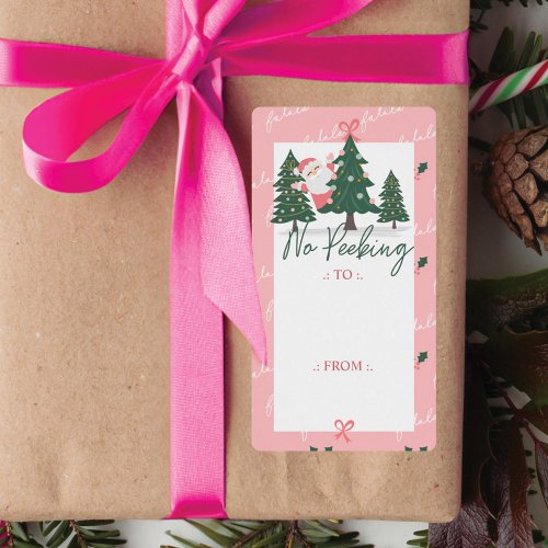 No Peeking Santa Claus Hiding Christmas Tree Pink Label