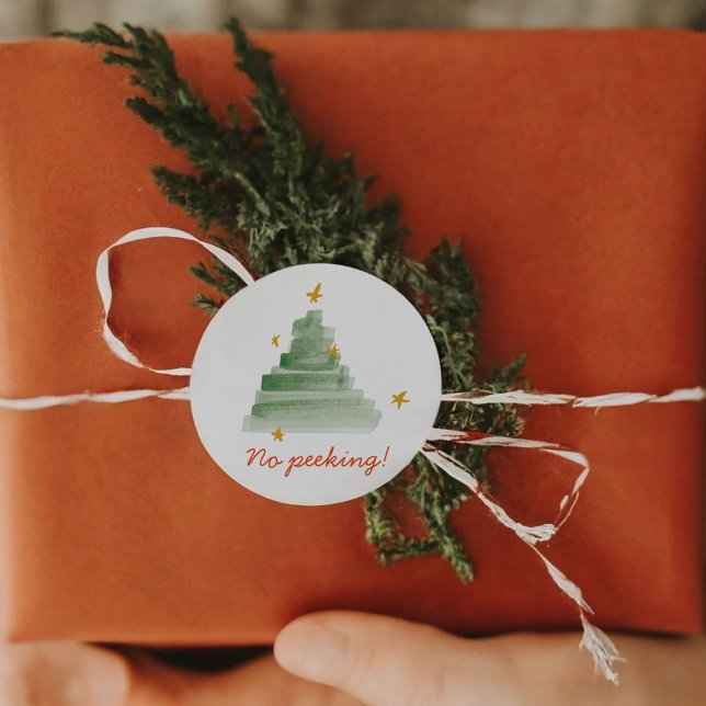 No Peeking Starlit Watercolor Christmas Tree Classic Round Sticker (No Peeking Starlit Watercolor Christmas Tree Classic Round Sticker)