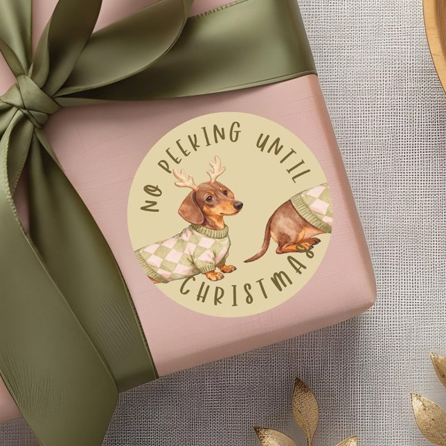 No Peeking Until Christmas Cute Dachshund Dog Classic Round Sticker (No Peeking Until Christmas Cute Dachshund Dog Classic Round Sticker)