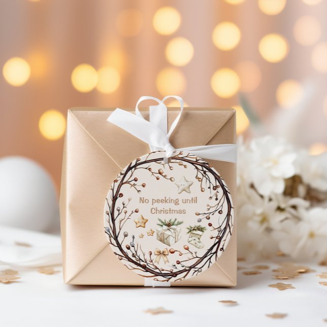 No Peeking Until Christmas Rustic Classic Round Sticker (Creator Uploaded)