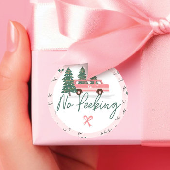 No Peeking Vintage Pink Christmas Van Classic Round Sticker by moodthology at Zazzle