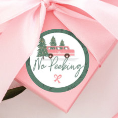 No Peeking Vintage Pink Christmas Van Classic Round Sticker at Zazzle