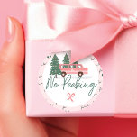 No Peeking Vintage Pink Christmas Van Classic Round Sticker<br><div class="desc">No Peeking Before Christmas Sticker. Celebrate the magical and festive holiday season with our custom holiday no peeking Christmas sticker. Our vintage holiday design features a cute girly pink retro van at a Christmas tree farm picking out a Christmas Tree. The words fa la la are handwritten. Customize with a...</div>