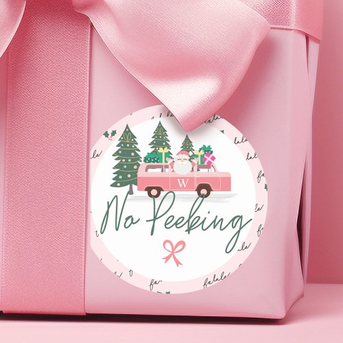 No Peeking Vintage Pink Christmas Van Santa Classic Round Sticker