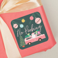 No Peeking Vintage Pink Christmas Van Santa Square Sticker at Zazzle