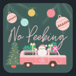 No Peeking Vintage Pink Christmas Van Santa Square Sticker<br><div class="desc">No Peeking Before Christmas Sticker. Celebrate the magical and festive holiday season with our custom holiday no peeking Christmas sticker. Our vintage holiday design features a cute girly pink retro van with bright colorful presents being delivered on top of the van. Santa Claus is peeking his head out from the...</div>