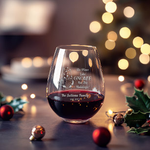 No Place Like Gnome Christmas Family Name Date Stemless Wine Glass