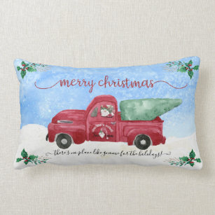 No Place Like Gnome Tree Farm Red Truck Watercolor Lumbar Pillow