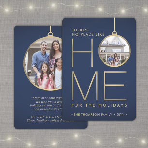 No Place Like Home 2 Photo Navy and Gold Christmas Holiday Card