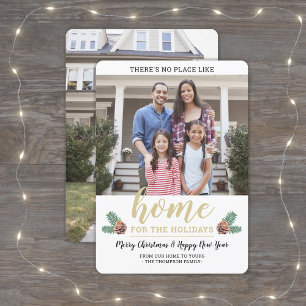 No Place Like Home 2 Photo Stylish Pine Greenery Holiday Card