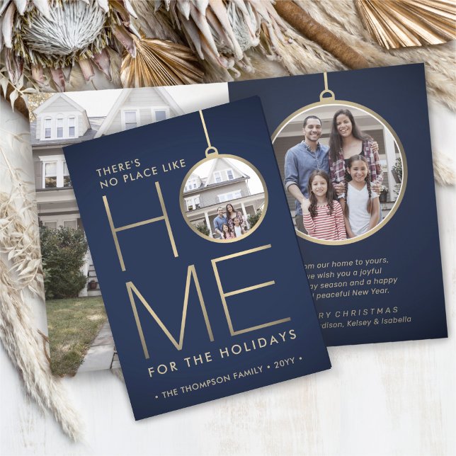 No Place Like Home Blue 3 Photo Christmas Folded Holiday Card (Creator Uploaded)
