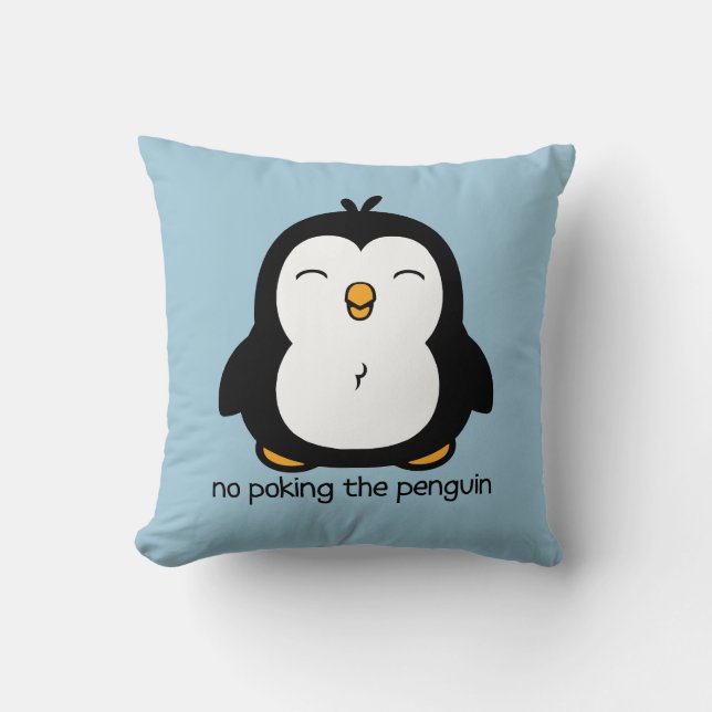No Poking The Penguin Blue Throw Pillow (Front)