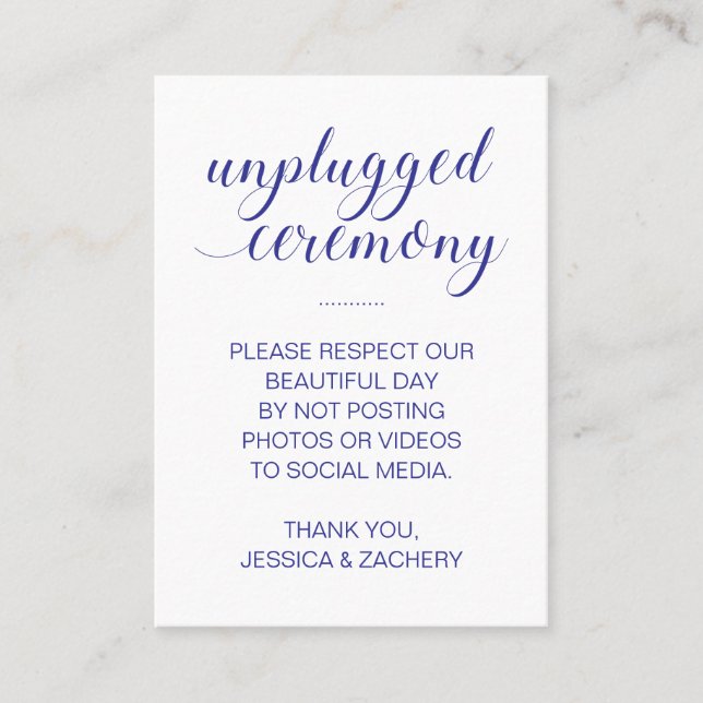 No Posting To Social Media Blue Unplugged Wedding Place Card (Front)