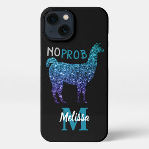 No Prob Llama Aqua blue ombre Sparkles Monogram iPhone 13 Case