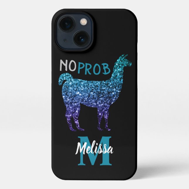 No Prob Llama Aqua blue ombre Sparkles Monogram iPhone Case (Back)