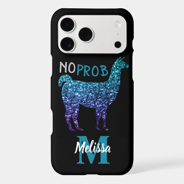 No Prob Llama Aqua blue ombre Sparkles Monogram iPhone Case (Back)