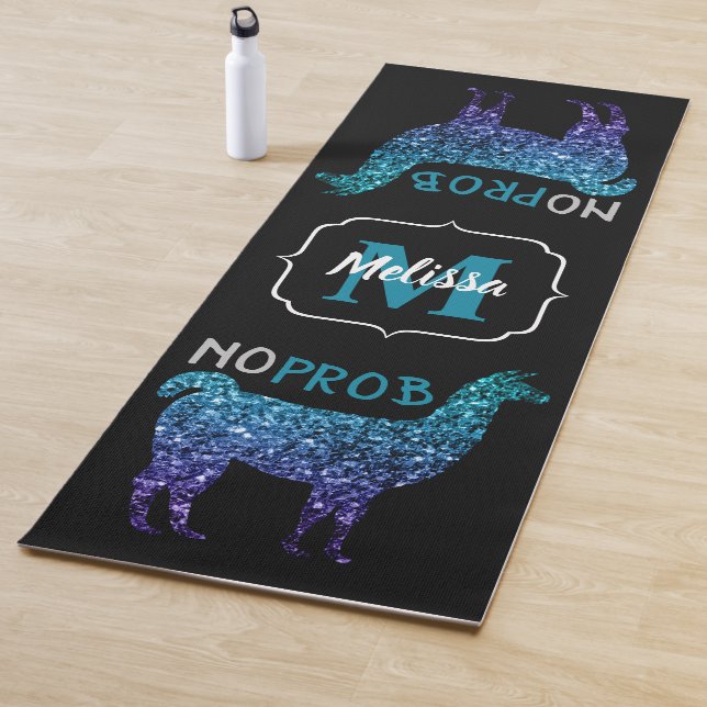 No Prob Llama Aqua blue ombre Sparkles Monogram Yoga Mat (In Situ)