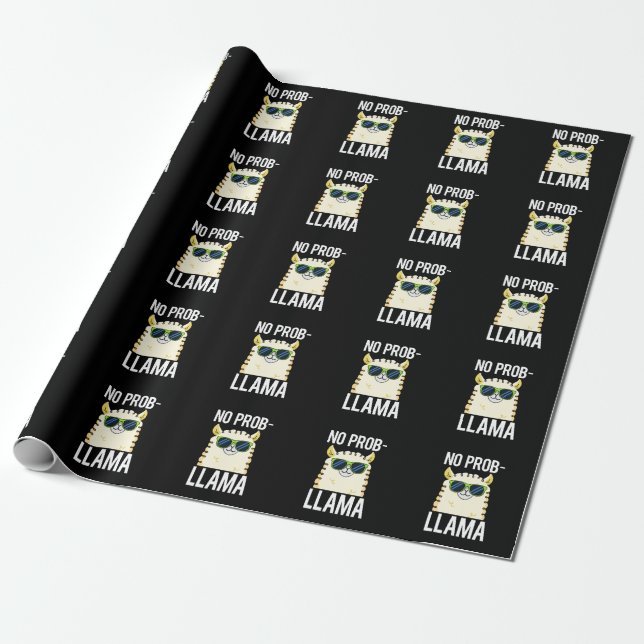 No-Prob-Llama Funny Cool Llama Pun Dark BG Wrapping Paper (Unrolled)