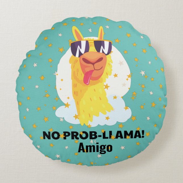 No-Prob-Llama Funny Cute Llama with Stars Round Pillow (Front)