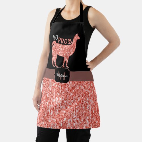 No Prob Llama pink coral glitter Sparkles Monogram Apron