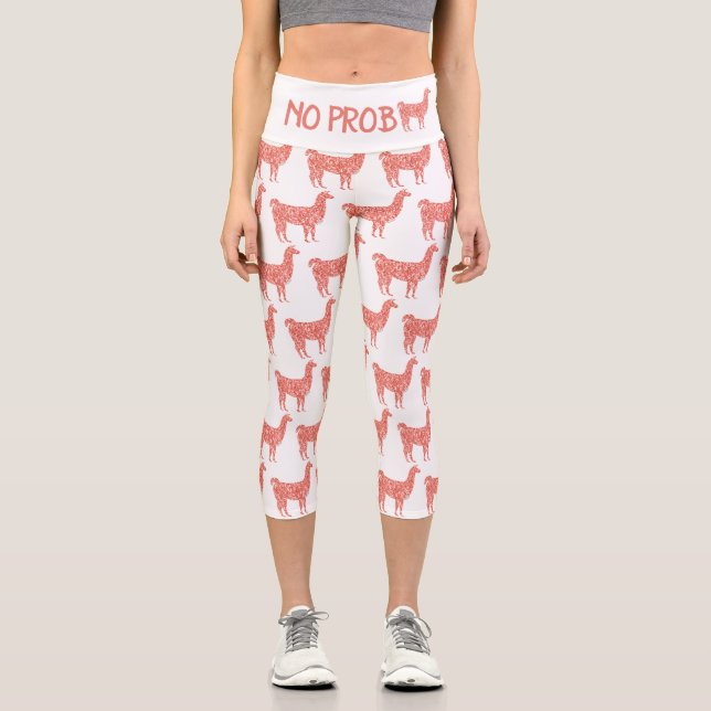 No Prob Llama pink coral glitter Sparkles pattern Capri Leggings (Front)