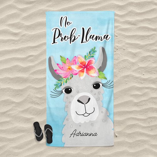 No Prob_Llama Tropical Floral Gray Llama Cute Beach Towel