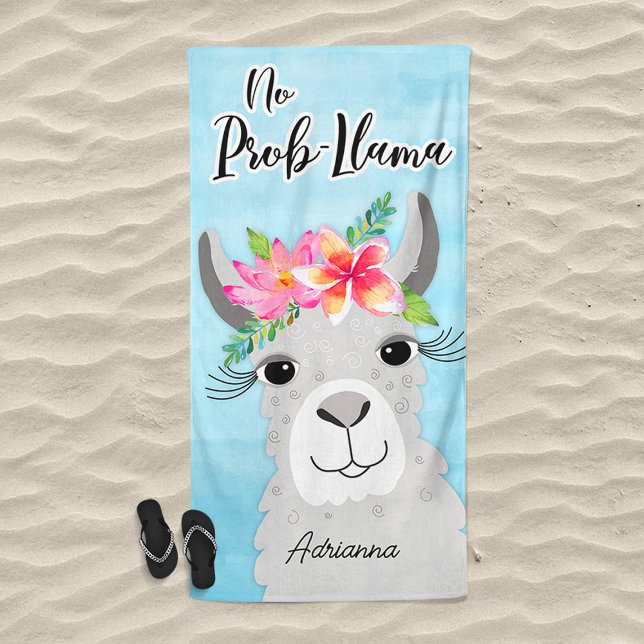 No Prob-Llama Tropical Floral Gray Llama Cute Beach Towel (No Prob Llama Beach Towel)