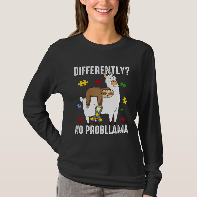 No Probllama Llama Sloth Puzzle Cool Autism Awaren T-Shirt (Front)