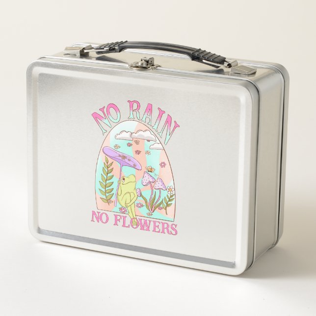 No Rain, No Flowers – Vibrant Floral & Mushroom Metal Lunch Box (Front)