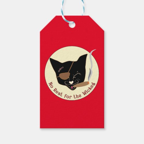 No Rest for the Wicked Cat on red _ Gift Tags