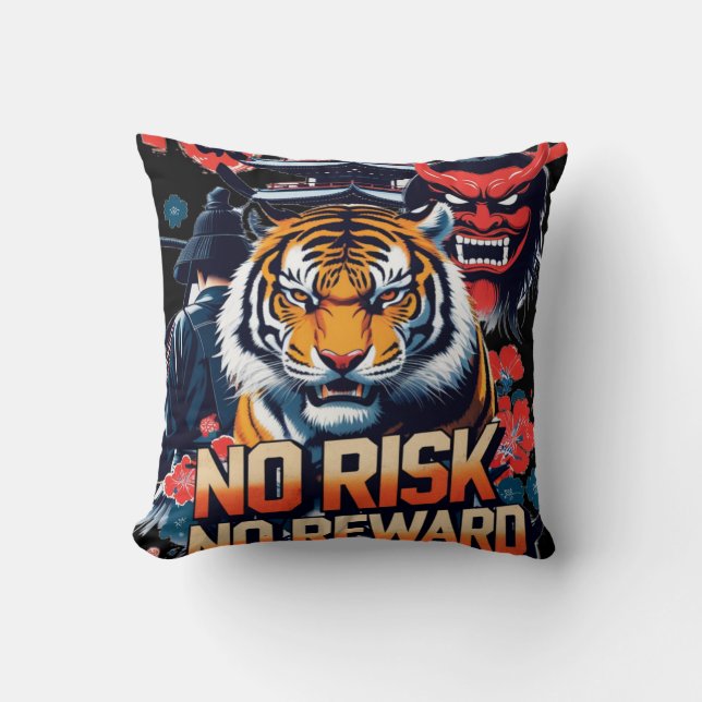 No Risk No Reward – Samurai Tiger Throw Pillow (Front)