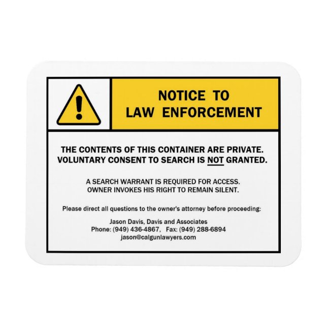"No Search Without A Warrant" magnet sign (for CA) (Horizontal)