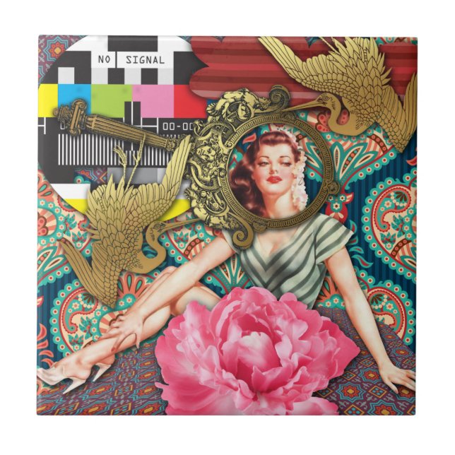 No-Signal - Cheeky Lady Digital Collage Ceramic Tile (Front)