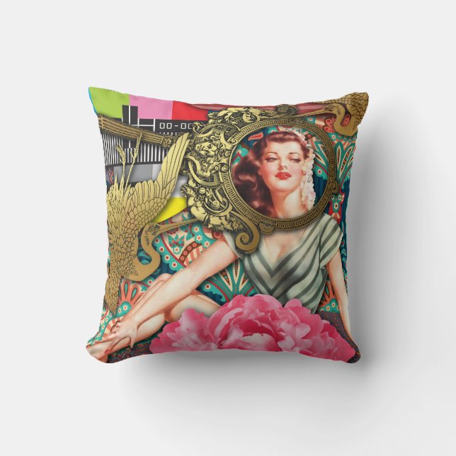 No-Signal - Cheeky Lady Digital Collage Throw Pillow (Front)